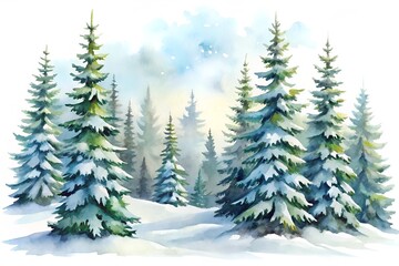 Watercolor snowy pine trees in a winter forest landscape, with soft blue sky and falling snow