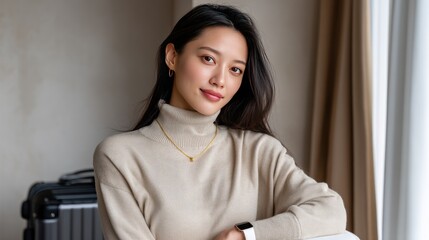 Fototapeta premium A woman with long hair in a knitted sweater smiles gently while leaning against a surface, luggage nearby and natural light streaming in