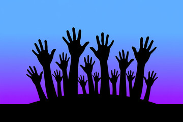 Silhouette of multiple hands reaching upwards against a gradient background, representing participation.