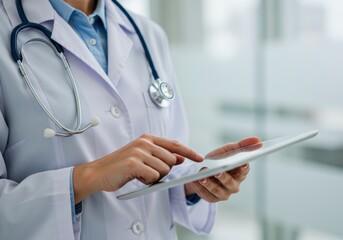 Doctor using a tablet in a hospital setting.