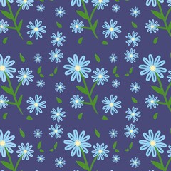 Seamless Pattern of Blue Daisy Flowers.