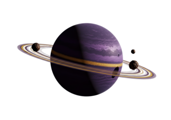 Isolated purple gas giant with ring system and asteroid moons in outer space universe