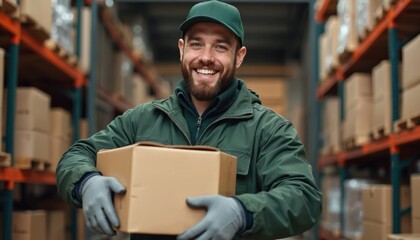 Smiling delivery driver in uniform holds package inside warehouse. Boxes stacked on shelves indicate organized logistics, efficient distribution. Professional worker handles cargo with care, ready