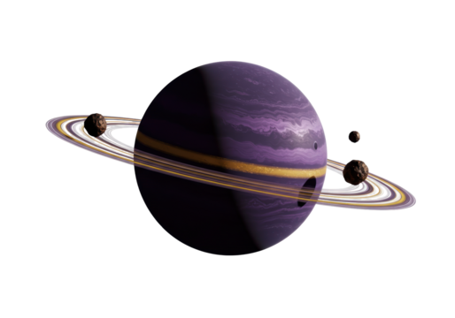 Isolated purple gas giant with ring system and asteroid moons in outer space universe