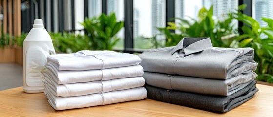 Folded shirts of various colors sit next to a bottle of laundry detergent with greenery and city views creating a calm atmosphere.