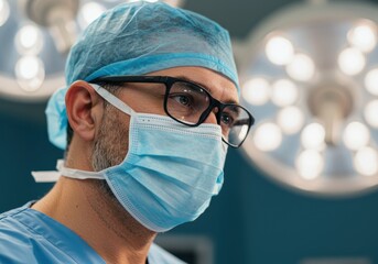 Surgeon in an operating room setting, focused and ready.