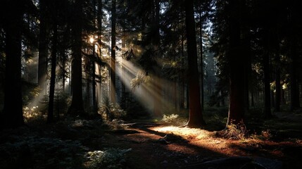 Obraz premium A tranquil forest filled with towering trees and mist, illuminated by soft light as dusk approaches, creating a serene atmosphere