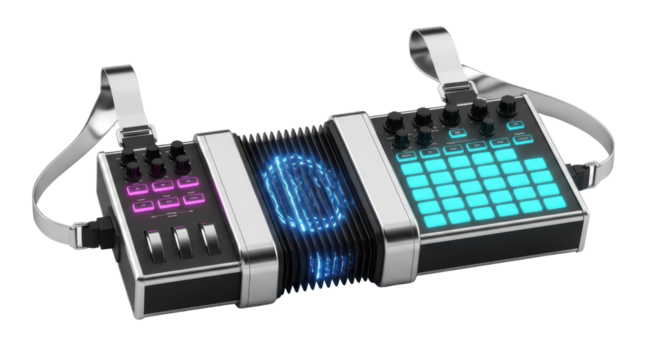 Sleek, futuristic black digital synthesizer with pulsing blue light core, glowing cyan and magenta pads, chrome accents, on transparent, concept of advanced sonic technology