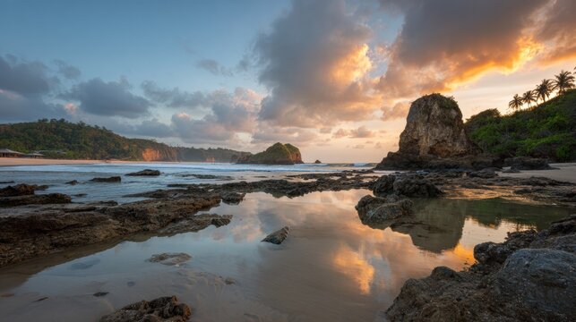 Beautiful sunset over rocky beach with calm waters and distant islands - Powered by Adobe