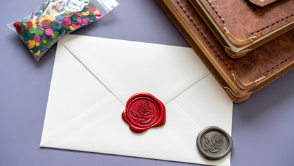 Elegant Stationery Still Life on Purple Surface Featuring Confetti, Envelope with Seal, and Leather Bound Journals for Correspondence, Memories, and Crafting
