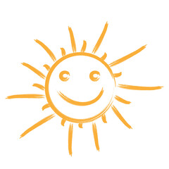 Childlike drawing of a smiling sun isolated on transparent background
