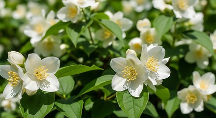 Obraz premium Blooming Jasmine Bush with Summer Garden.