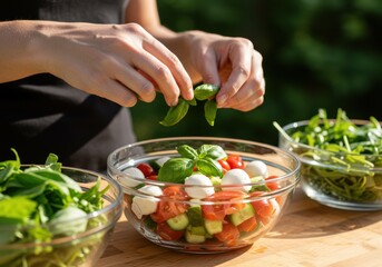 Woman preparing a fresh caprese salad with basil.