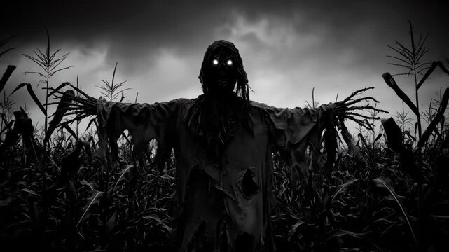 Spooky Scarecrow in Cornfield - A black and white illustration depicts a terrifying scarecrow standing in a cornfield under a stormy sky.