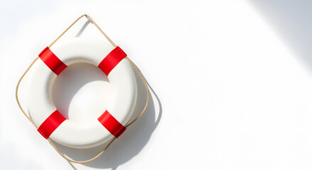 Red And White Life Buoy with Rope on Clean White Background