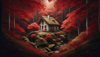 A stone cabin nestled in a bowl of scarlet maple and bronze oak