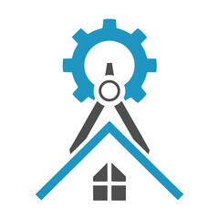 Blue Gear Compass and House Roof Logo on White Background wheel