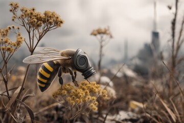 A bee wearing a gas mask perches on a dried flower in a desolate landscape. The haunting image evokes environmental decay, survival, and dystopian themes. Ecosystem pollution concept.