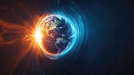Fototapeta premium Glowing blue planet Earth floats in deep space while fiery energy or plasma arcs outward from one hemisphere, forming trails against the cosmic backdrop. Generative by AI