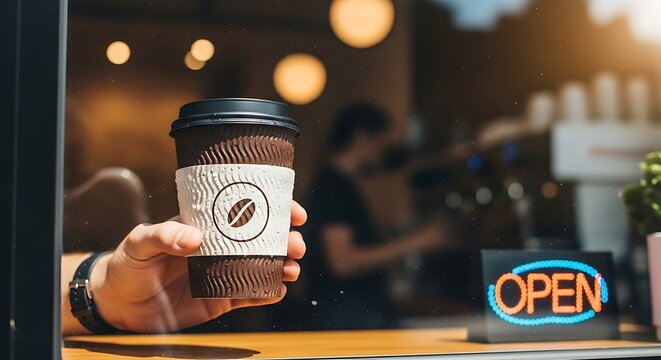 Close up of hand holding a hot coffee cup with open sign in cafe window morning sunlight reflection cozy atmosphere morning ritual refreshment delicious beverage service