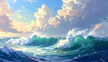 Fototapeta premium A vibrant digital painting of crashing waves against a backdrop of a vast sky filled with fluffy clouds, showcasing a tranquil and beautiful seascape at sunset.