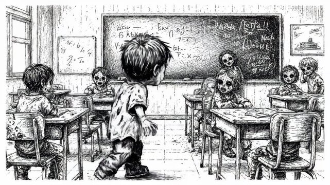 Zombie Kids Classroom - A black and white illustration depicts a classroom scene with children in zombie makeup sitting at desks.
