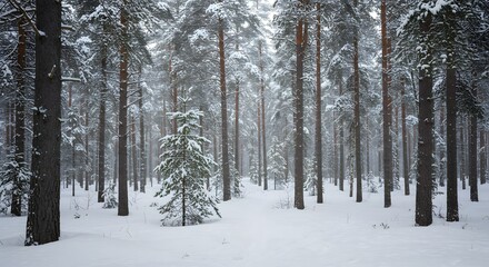 Fototapeta premium A snowy forest with tall trees covered in snow and a smaller tree in the foreground on a winter day