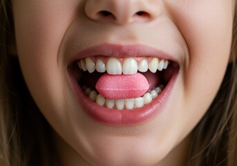 Fototapeta premium Person with a pink candy in their mouth