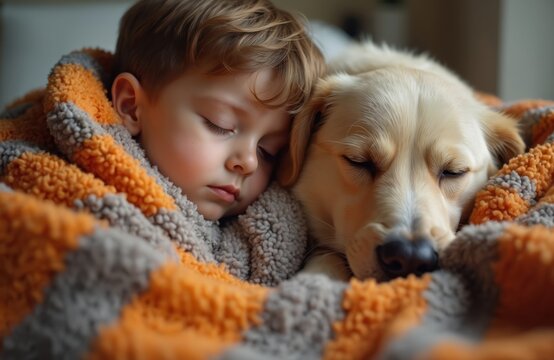Cute young boy, golden retriever dog sleep together, wrapped in warm, cozy blanket. Heartwarming scene captures innocence, friendship, domestic bliss. Perfect for lifestyle, family, pet-related