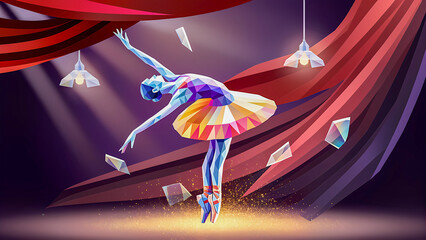Naklejka premium Colorful polygonal ballet dancer performing under spotlight on stage