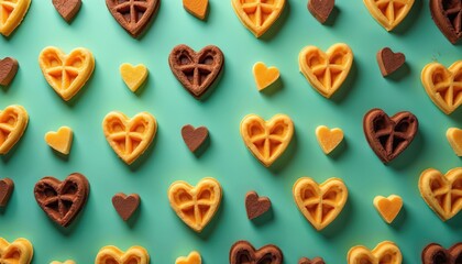 Top view of heart-shaped waffles in yellow, brown colors arranged in rows on mint green background. Variety of sweet baked desserts, tempting breakfast snack options for Valentine Day celebration.