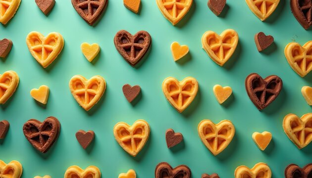 Top view of heart-shaped waffles in yellow, brown colors arranged in rows on mint green background. Variety of sweet baked desserts, tempting breakfast snack options for Valentine Day celebration.
