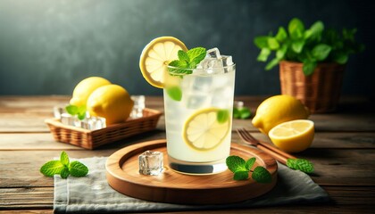 Classic Lemonade A tall glass of classic lemonade with ice cubes