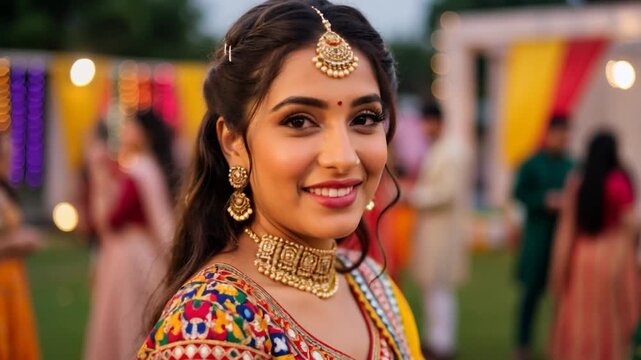 Smiling Indian woman in colorful traditional attire with jewelry posing gracefully during Navratri outdoor garba cultural festival celebration