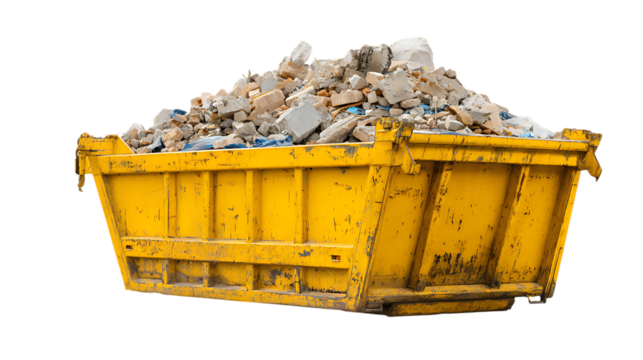 Yellow skip filled with rubble isolated on transparent background.