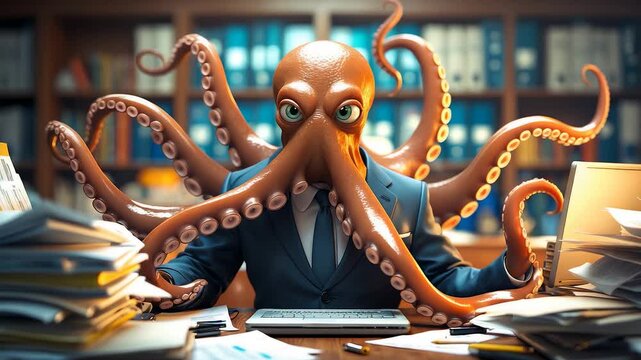 Octopus Businessman Office Desk Papers Computer Suit Tentacles Work