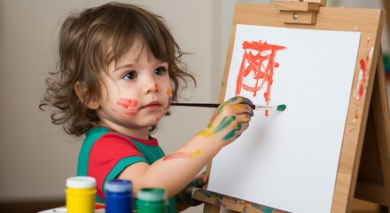 Young Girl Painting with Bright Colors on White Canvas in Indoor Art Studio