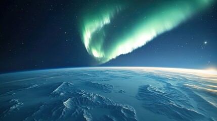 Bright aurora borealis arcs above Earth's surface, seen from low orbit with visible snow-covered terrain and faint stars in space beyond the horizon. Generative by AI