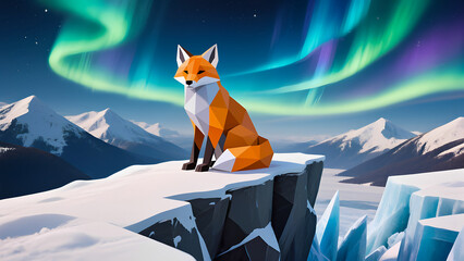 Geometric fox on snowy mountain under northern lights at night