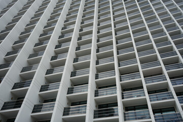 Benidorm, Spain &ndash; September 6 2025: High rise hotel building facade with balconies in the cityscape view.