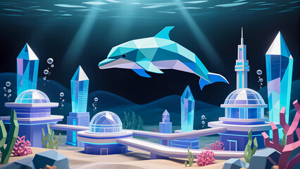 Low poly dolphin swims above futuristic underwater city with crystal structures
