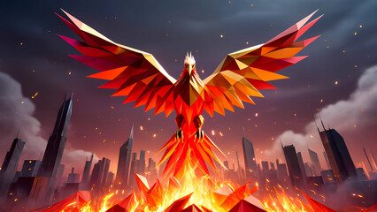 Majestic geometric phoenix rising from flames in futuristic cityscape at dusk