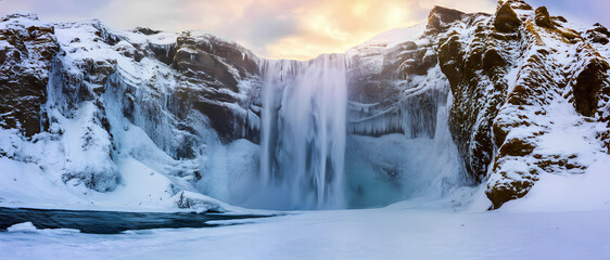 Majestic waterfall surrounded by snowy cliffs in winter wonderland landscape