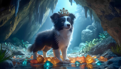 Majestic puppy wearing crown surrounded by colorful gems in mysterious cave