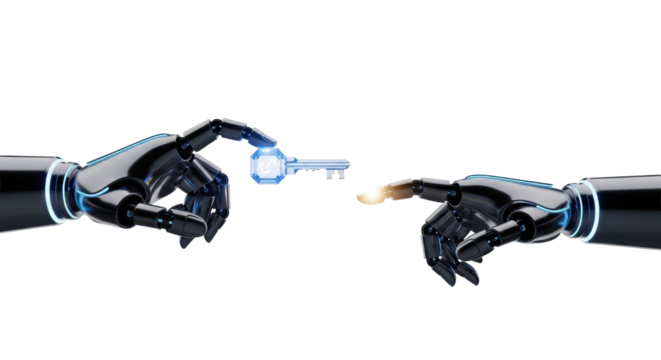 Two sleek dark metallic robotic manipulators, one presenting a glowing sapphire energy key, the other with a glowing finger, on a transparent background, secure digital authorization concept