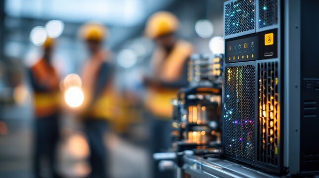 Shot of a cloudconnected smart storage unit with blinking sensors and LED indicators workers figure out of focus in the foreground.