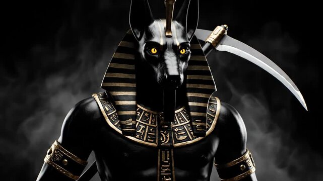 Eerie Anubis God of Death with Scythe - A dramatic black and gold video of Anubis, the ancient Egyptian god of death, holding a scythe.