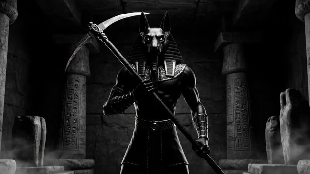 Eerie Anubis God of Death with Scythe - A black and white video depicts Anubis, the Egyptian god of death, standing in a dimly lit ancient tomb.