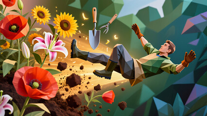 Polygonal man falls in vibrant garden of flowers and gardening tools