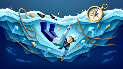 Sailor navigating underwater challenge with compass and marine life